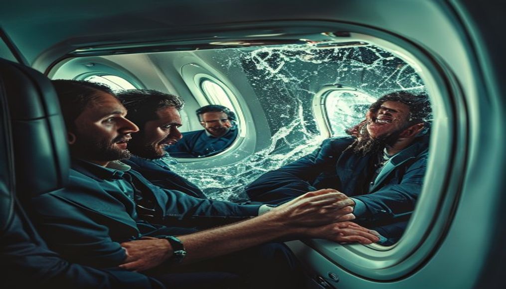 Fellow passengers pull back man partly sucked out of broken window on a flight from Greece — editorial image