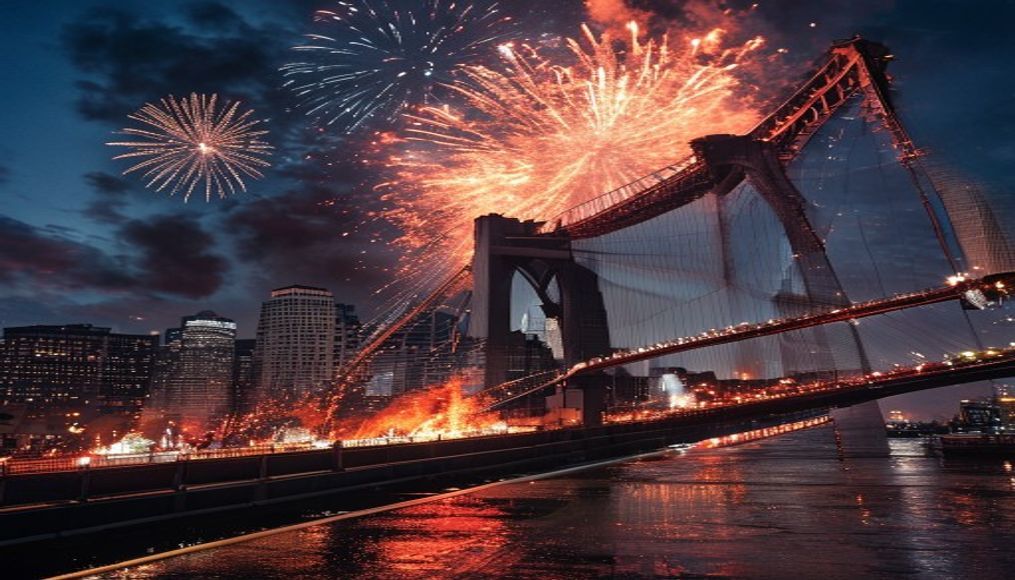 Fire breaks out on Brooklyn Bridge during New York’s fireworks show — editorial image