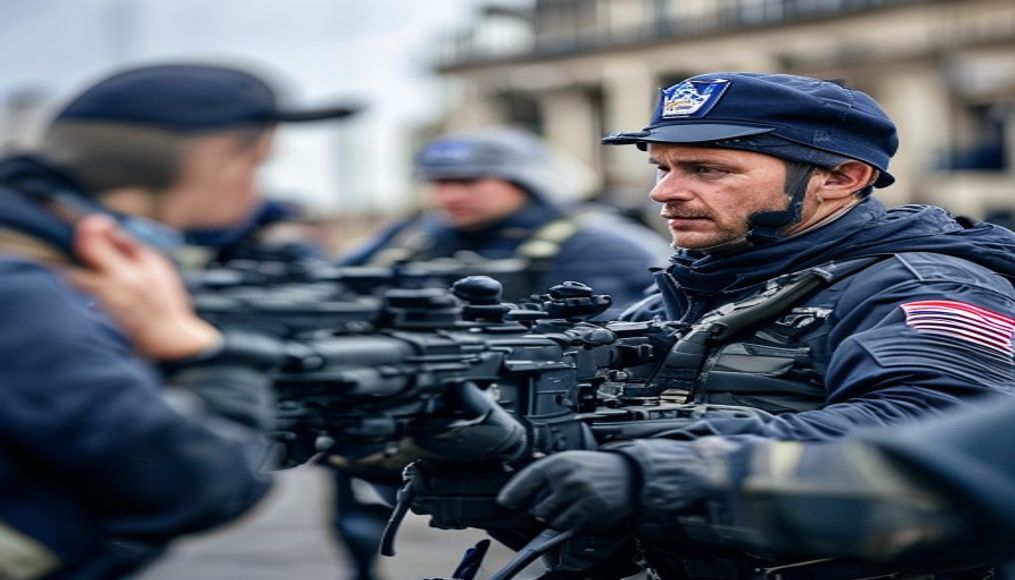 French Navy carries out 'shooting drill' mid interview — editorial image