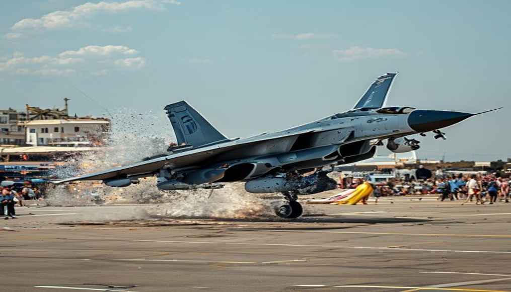 Greek F-16 fighter jet crash-lands at busy Zakynthos airport — editorial image