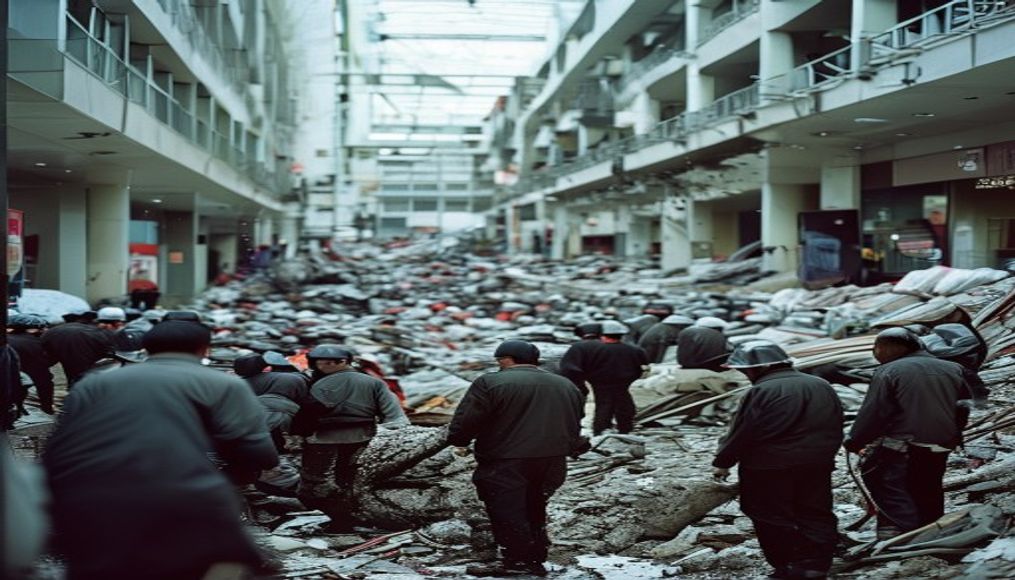 Japan quake toll rises to 13 as rescuers haul people from collapsed mall — editorial image
