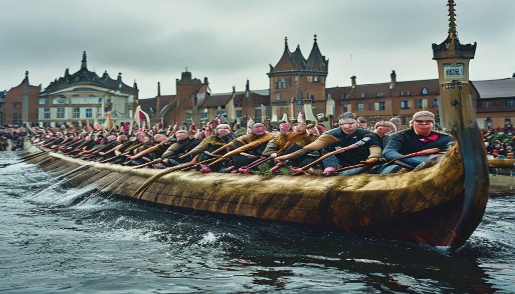 Norwegian parliament gets behind World Cup team with Viking "rowing" display — editorial image