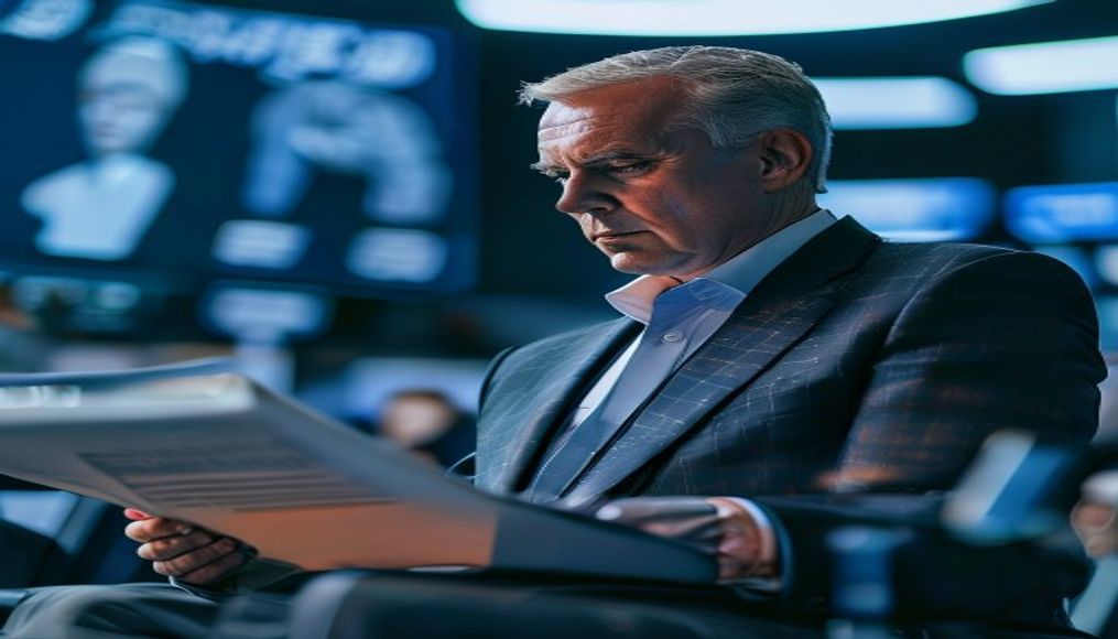 Politician reads AI prompt during assembly — editorial image
