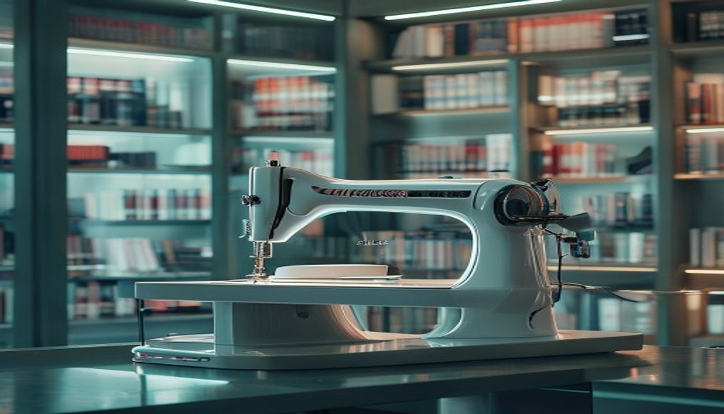Renting a sewing machine from the library — editorial image