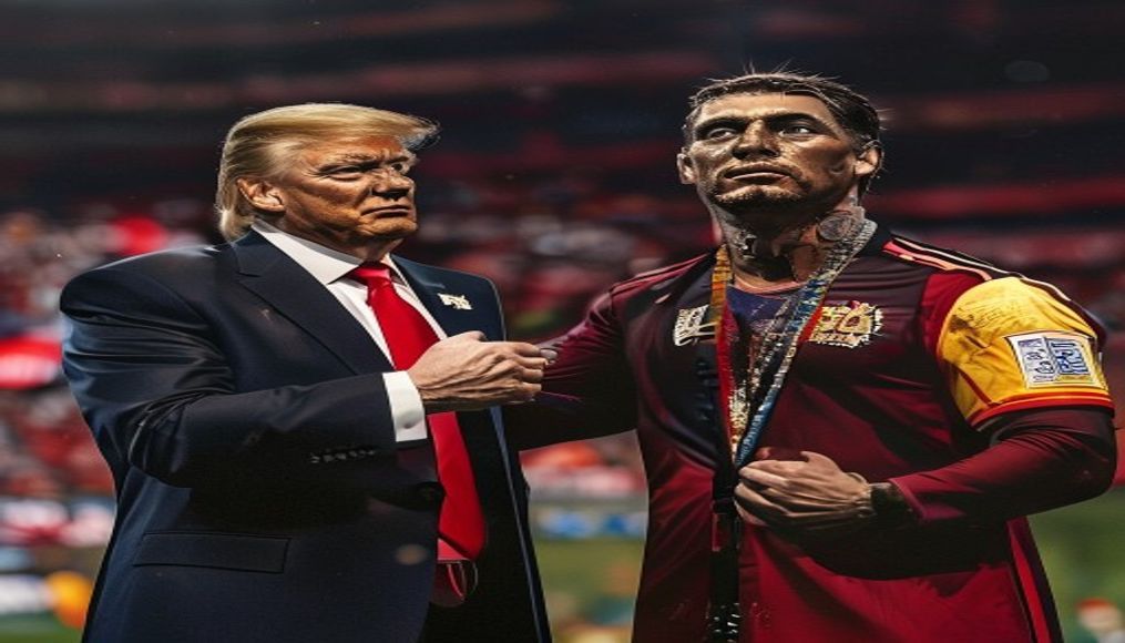 Trump celebrates the World Cup as a US victory as he presents trophy to the winner, Spain — editorial image