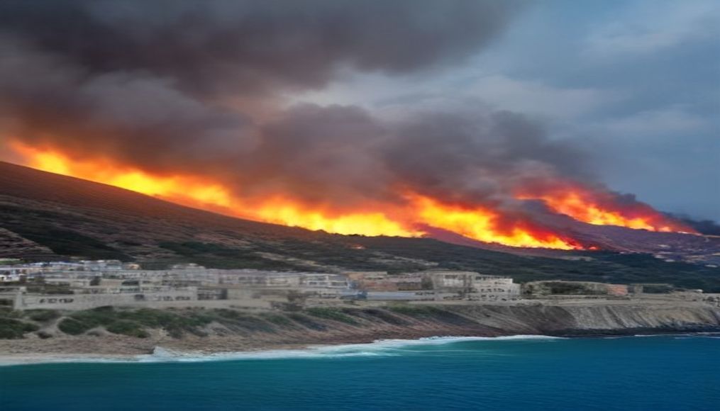 Two dead and hundreds evacuated after twin fires break out on Greek island — editorial image