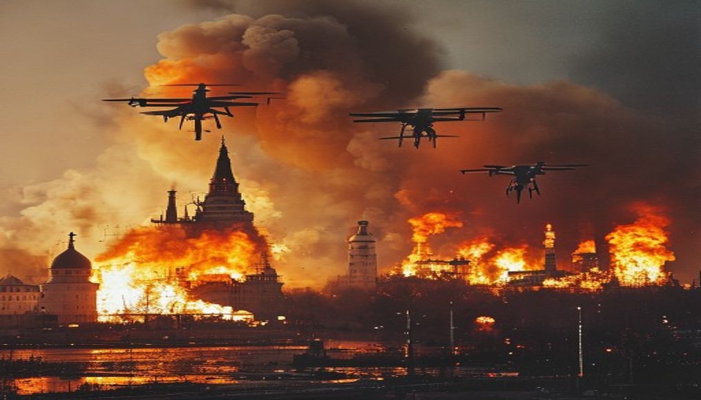 Ukrainian drones set a Moscow refinery ablaze in a major attack on the Russian capital — editorial image
