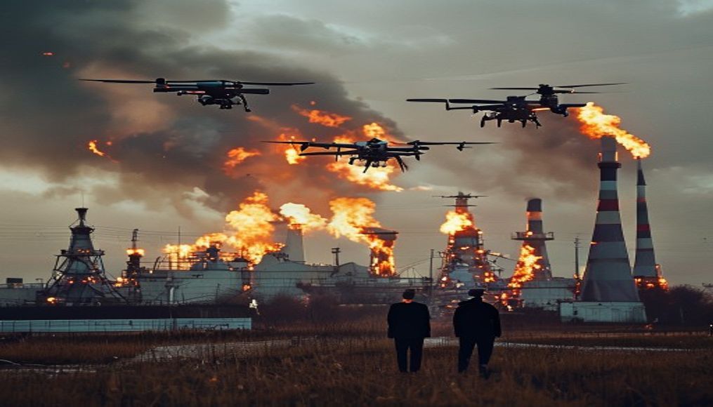 Ukrainian drones set another Russian oil refinery ablaze as Putin admits fuel shortages — editorial image